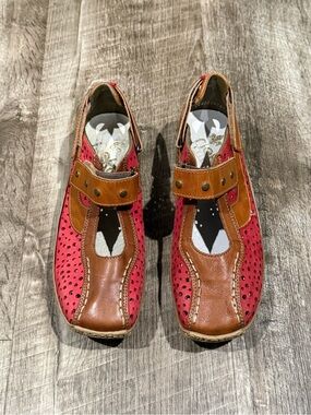 Rieker Mary Jane Shoes Womens 36 Pink/Brown Leather Perforated Comfort Casual